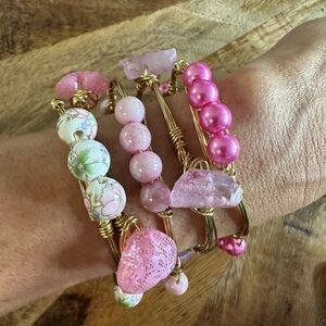 Handmade Gold Wire Pink Beaded 5 Stackable Bracelet Set